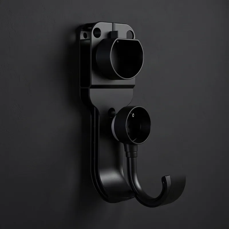Support mural noir avec câble de recharge Type 2 enroulé et connecteur rangé